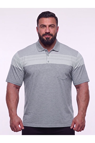 TURHAN TRİKO Gray White Striped Short Sleeve Polo Collar Men's T-Shirt