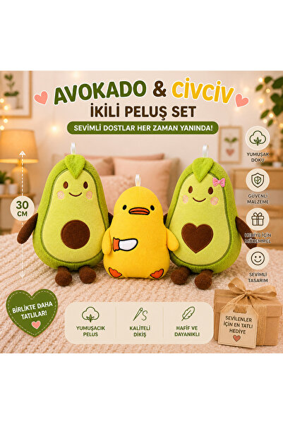 AsefKids 3’lü Sevimli Peluş Yastık Seti – Avokado & Kalpli Avokado & Civciv (...