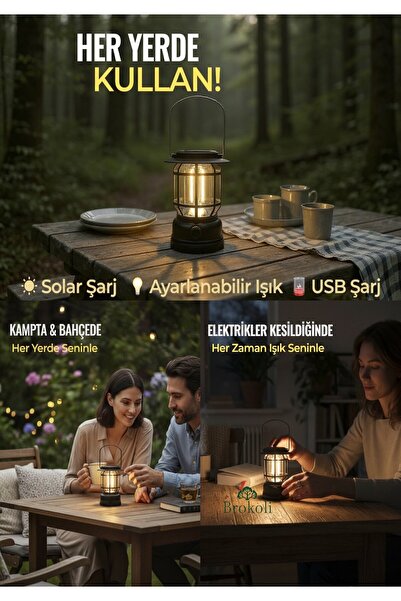 Brokoli Home USB + Solar Güneş Enerjili Kamp Lambası Led Kamp Feneri Ayarlana...