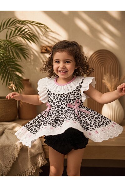 KIYAFET Kız Bebek Leopar Desenli Dantelli Elbise & Şort Takım