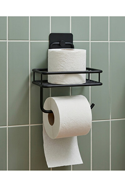 Siyah Yapışkanlı Yedek Raflı Tuvalet Kağıtlığı, Metal WC Kağıtlık, Delmeden Güçlü Yapışkanlı
