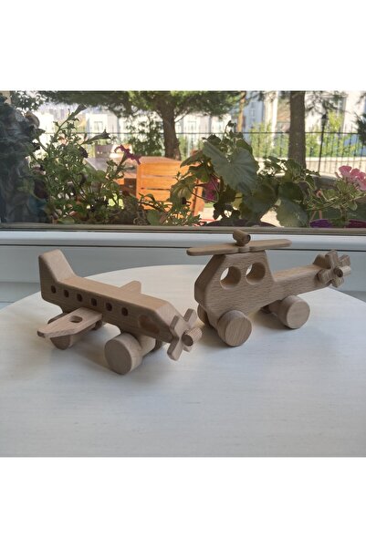 LAVİNİA Doğal Ahşap Uçak ve Helikopter Seti, Sağlıklı Ahşap Oyuncak, Uçak,Hel...