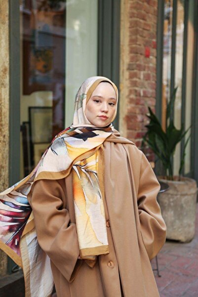 ENRİCO FERRİ Amore Leaf Pattern Shawl - Camel-Multicolor