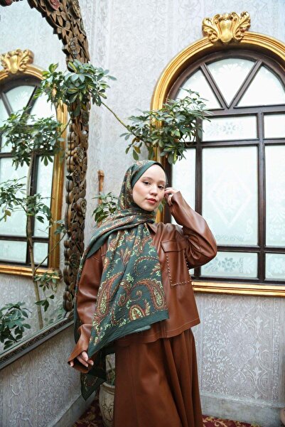 ENRİCO FERRİ Noa Motif Patterned Shawl - Emerald-Tan