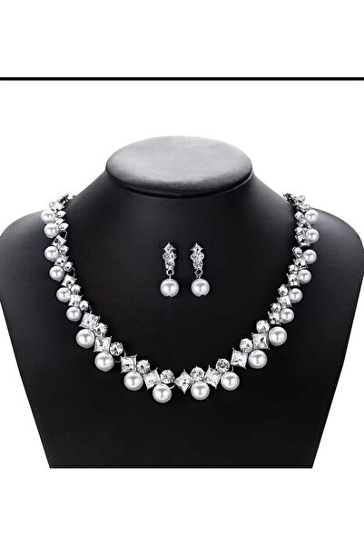 Ivory Pearl zirkon taşlı,cam incili,takı seti,gerdanlık,kolye ve küpe takımı