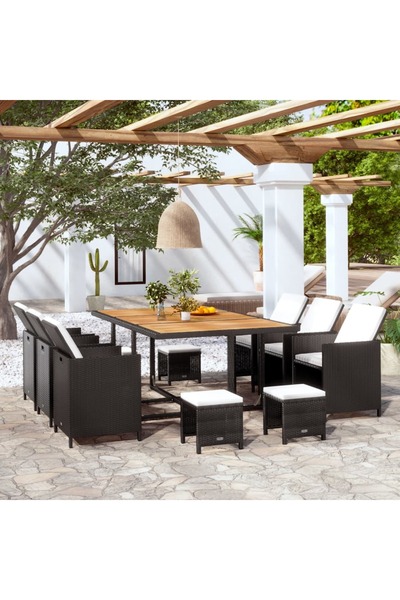 vidaxl Set mobilier de exterior 11 piese negru, poliratan, lemn acacia