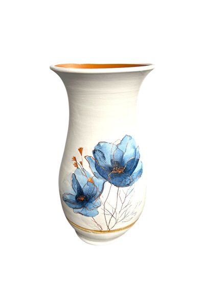Ceramica Martinescu Vaza decorativa ceramica, alba, cu buchet de maci albastr...