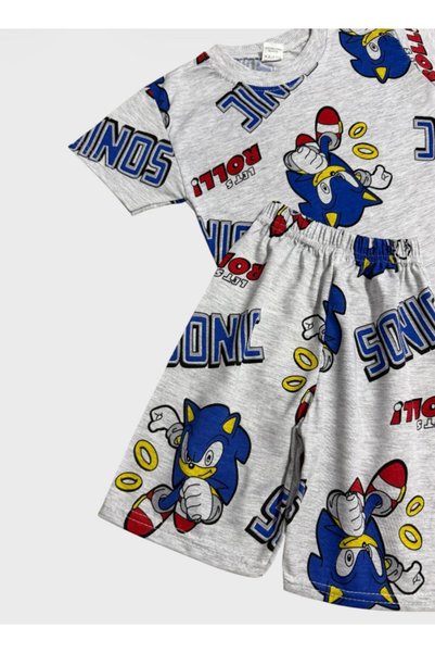 ALİŞ KİDS Boys Cotton Gray Sonic Patterned Short Sleeve Shorts Summer Pajama Set