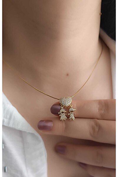 shop 316L Çelik Zirkon Taşlı Kalp Figürlü Anne Çocuk Kolye – Altın Renk Sevgi...