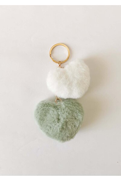 Halley Concept Double plush heart charm keychain white green – bag ornament c...