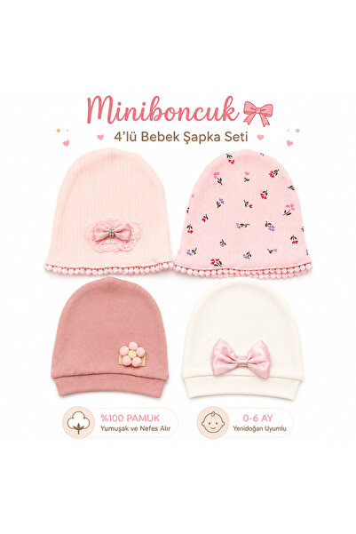 miniboncuk طقم قبعات أطفال مكون من 4 قطع مع فيونكة - 100% قطن، مناسب لحديثي ا...