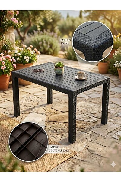 EVKO MOBİLYA Rattan 80x140 Masa, Plastik Masa, Bahçe Balkon Teras Masası, Kar...