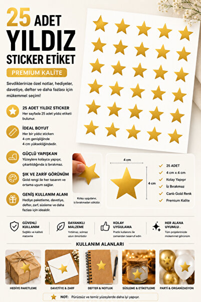 Organizasyon Pazarı 25 Adet Gold Yıldız Sticker Etiket 4 cm Dekoratif Kalp Ya...