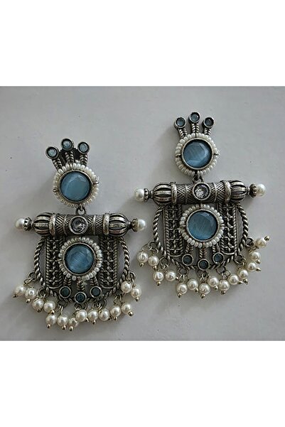 NirVee Handcrafted Oxidized Silver Dangler Earrings with Azure Stones & Pearls