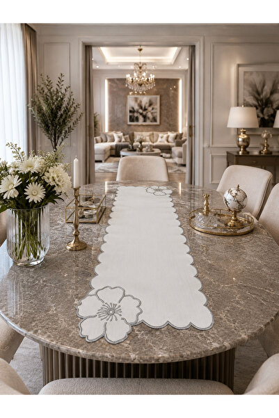 desicap Silver Glitter Detailed Floral Embroidered Runner – White 34X114 cm P...