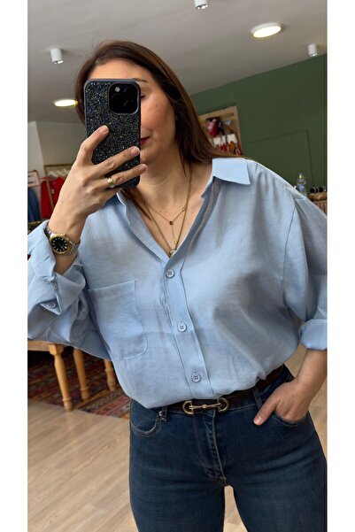 Oversize İpeksi Gömlek Mavi