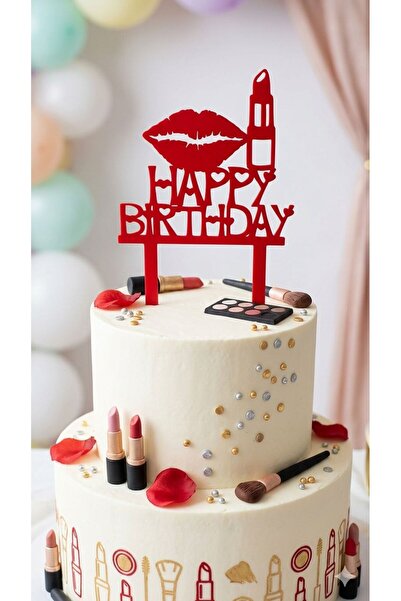 Makyaj Temalı Happy Birthday Pasta Süsü - Dekoratif Doğum Günü Yazısı