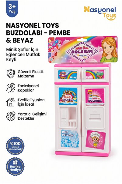 NASYONEL TOYS Çocuklar İçin Eğlenceli Pembe Beyaz Oyuncak Bebek Buzdolabı Aks...
