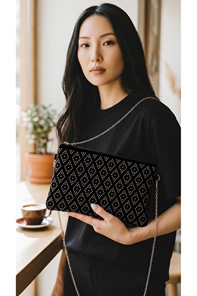 Sargınlar Women's Black Stone Embroidered Velvet Textured Wrist Strap Zippere...