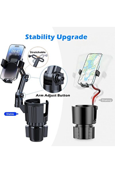 Generic Car Cup Holder Phone Mount, 2-in-1 Universal Stand with Cup Holder Expander, 360° Rotation, Black, ABS Plastic, compatible with iPhone and Android
