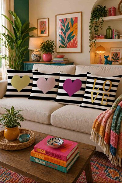 LadiesHome غطاء وسادة مخطط باللونين الأسود والأبيض مع كتابة LOVE على شكل قلب،...