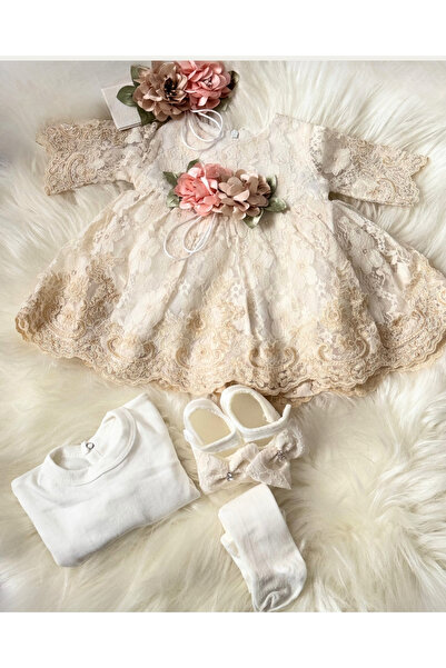 LilCrown Kids Kız Bebek Mevlid Elbisesi 5’li Set Dantel Detaylı Taçlı Şık Takım