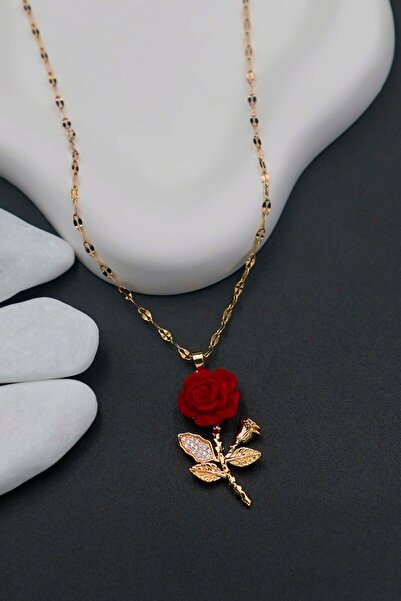 THE Steel Kadın Gold Kırmızı Gül Kolye Zirkon Taşlı Romantik Çelik Kolye