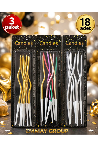 Orca Süs Kıvrımlı GOLD & KARIŞIK & GÜMÜŞ Renkli 3 Paket Pasta Mumu (Toplam 18...