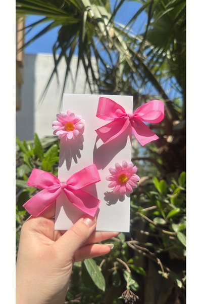 Toka Perisi Kız Çocuk Pembe Papatya Kurdela Toka Seti(3cm metal klips)