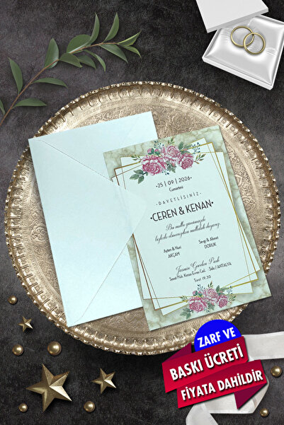 Cem Davetiye Düğün Nişan Nikah Kına Davetiyesi 9030 (100 ADET) Baskı Dahil