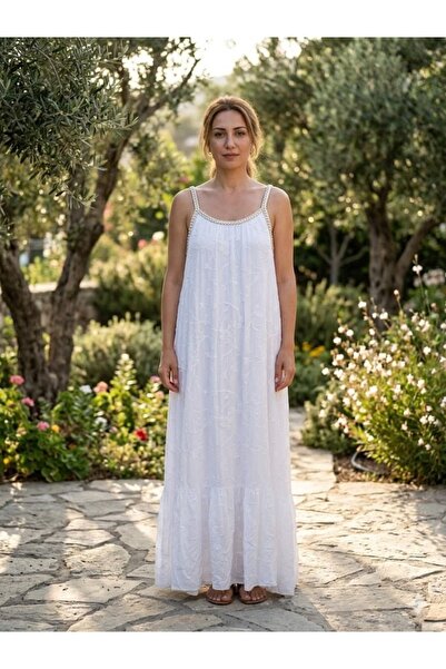 Punta Otantik YG61601 İtalyan Güpür Ve Nakışlı Askılı Coton Elbise Beyaz