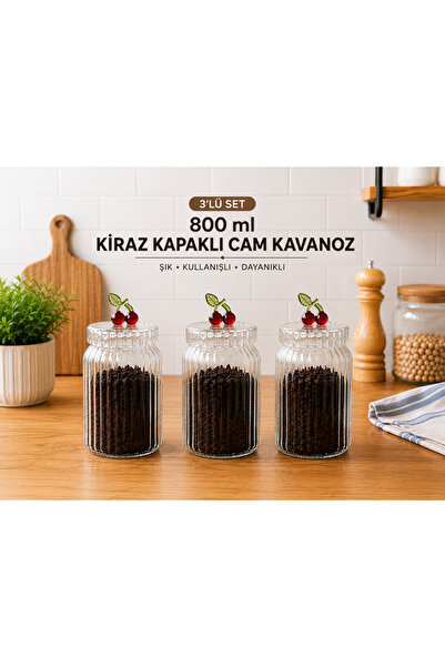 AC AMİSOS 3 Adet 800ML Kiraz Kapaklı Çizgili Cam Kavanoz | Dekoratif Mutfak E...