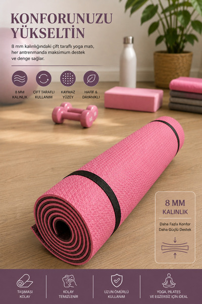 Yukon 8 mm Çift Taraflı Pilates Matı Yoga Matı Spor Minderi Yer Matı 170 CM x...