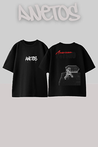 Anetos Tricou negru supradimensionat cu imprimeu pe spate American Psycho Sig...