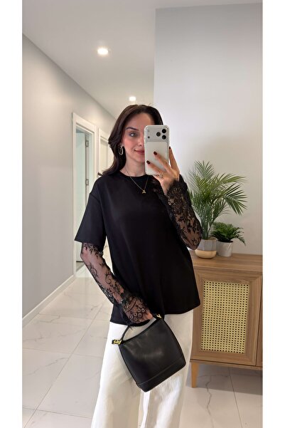 Mivida Tricou Sivis Negru detaliu din tul guler rotund basic