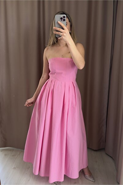 AlisBoutique Straplez Pile Detaylı Uzun Elbise