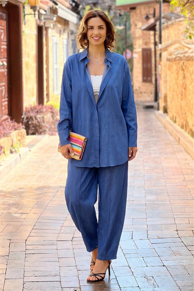 Nevin Kaya Moda طقم تونيك شالوار أزرق مكون من قطعتين