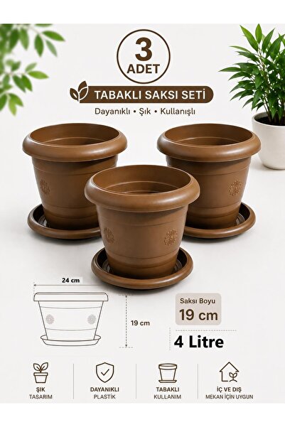 GÜZELYÜZ AVM 3 Adet Klasik Antik Saksı | Tabaklı Saksı Seti 4 Litre Kahvereng...