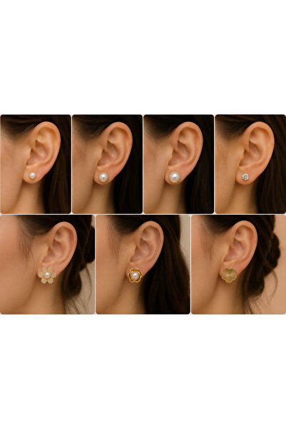 bitangosu Pearl & Gold Detailed 7-Piece Combination Earring Set – Floral Mode...