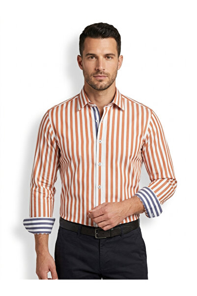 Paul Martin Canadian %100 Pamuk Premium Turuncu Çizgili Slim Fit Erkek Gömlek