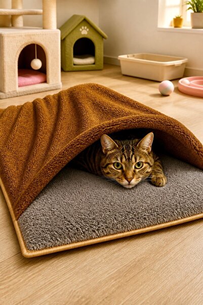 Carpetella 3 CM Süngerli Battaniyeli Kedi Yatağı - Kaymaz Tabanlı Pet Mat Min...