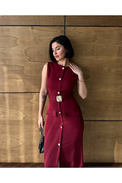 qeteen Gold Toka Detaylı Kolsuz Blazer Stil Midi Elbise