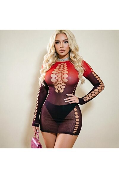 Soft Vibe فستان نسائي ضيق شبكي متدرج اللون أحمر مقاس XL، بأكمام طويلة وفتحات،...