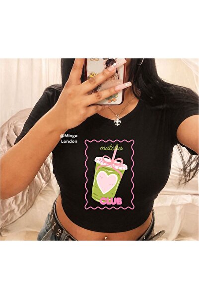 Minga London Crop negru cu imprimeu MatchaClub MingaLondon
