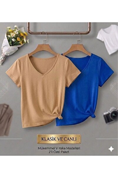 FAVORİST 2 Pieces of Plain Regular Fit Women's (V-Neck) T-Shirt