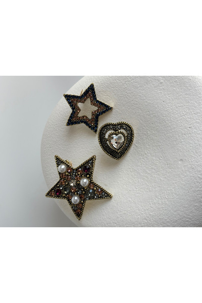 BHR AKSESUAR 3lü Broş Seti Zirkon Taşlı, İncili, Yıldızlı (Yıldız 4 cm)
