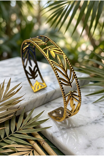 Velcari Women's Tropical Palm Leaf Carved Gold Color Adjustable Wide Bracelet