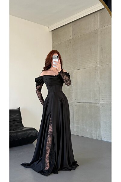 ayşenur Dinçer butik Royal Dantel Detaylı Siyah Abiye BÜYÜK BEDEN