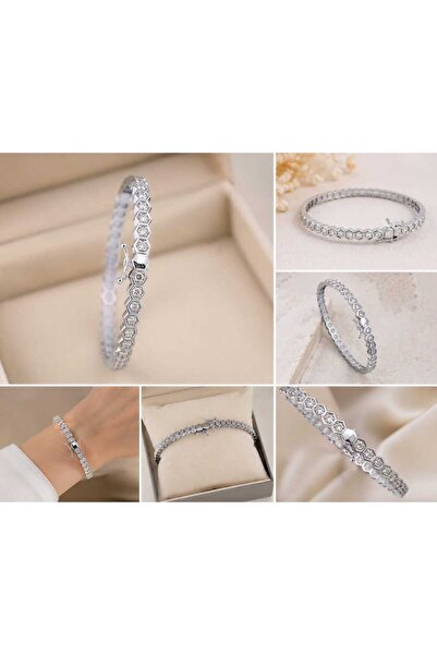 Veloura Zirkon Taşlı Geometrik Silver Kelepçe Bileklik