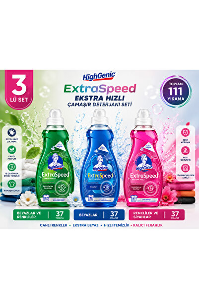 Highgenic ExtraSpeed 3’lü Sıvı Çamaşır Deterjanı Seti 111 Yıkama Beyazlar + R...